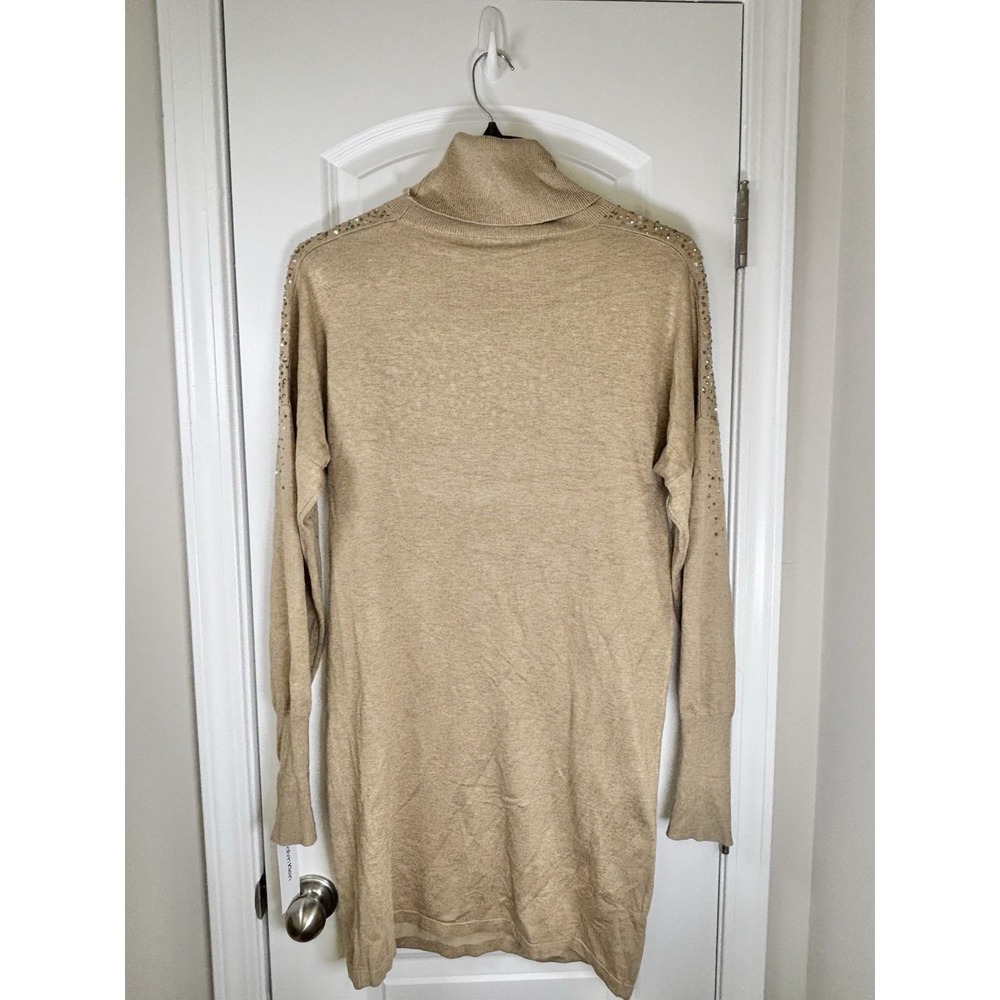 Calvin Klein Women's Sweater Dress M Beige Rhinestone Cowl Neck Long Sleeve NWT - Picture 2 of 3